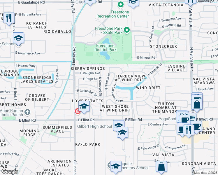 map of restaurants, bars, coffee shops, grocery stores, and more near 215 North Westport Drive in Gilbert