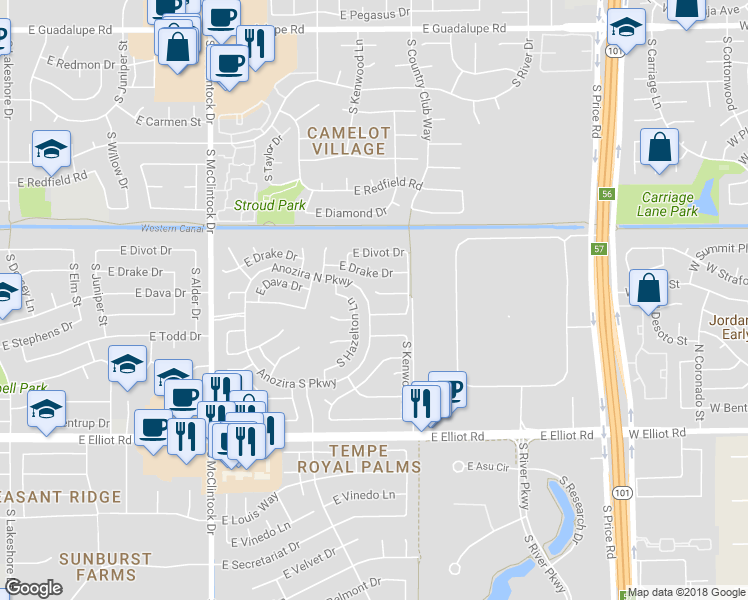 map of restaurants, bars, coffee shops, grocery stores, and more near 1965 East Dava Drive in Tempe