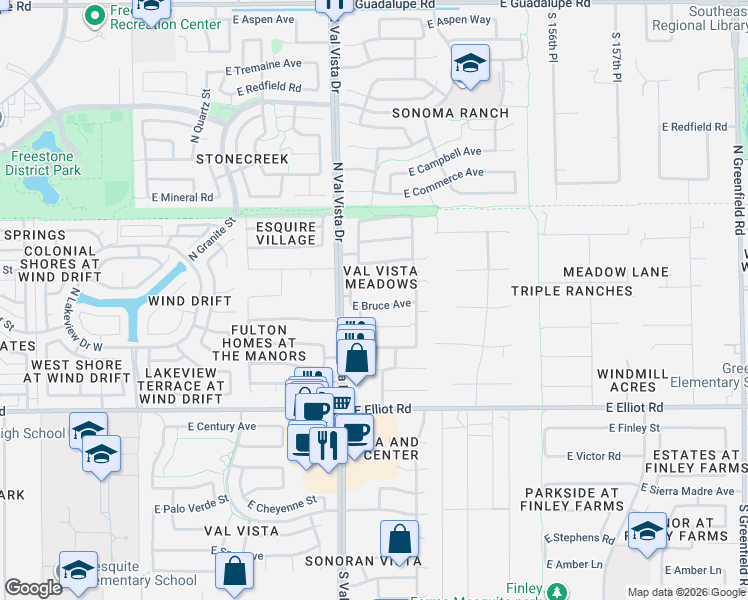 map of restaurants, bars, coffee shops, grocery stores, and more near 1662 East Bruce Avenue in Gilbert