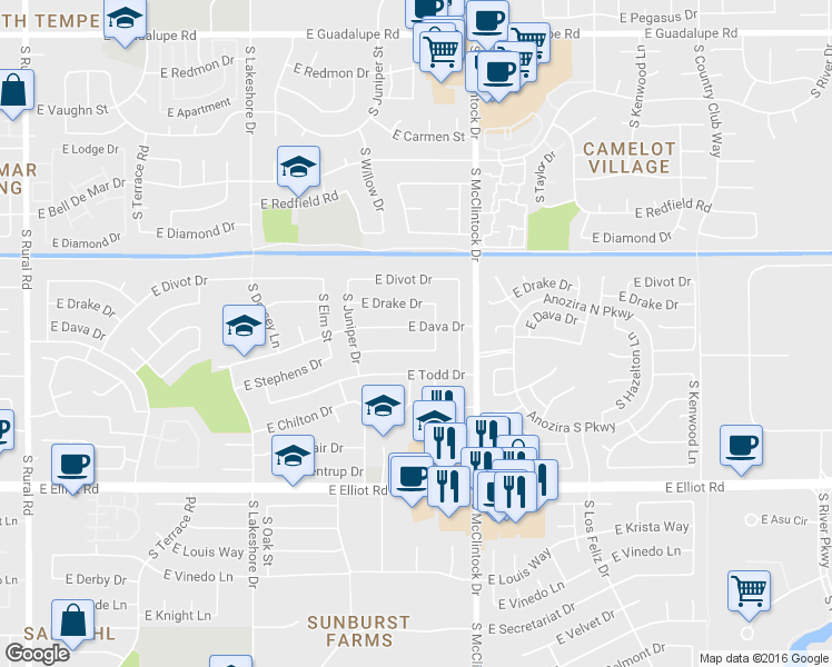 map of restaurants, bars, coffee shops, grocery stores, and more near 1705 East Dava Drive in Tempe