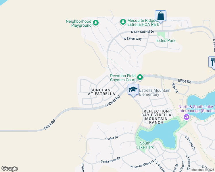 map of restaurants, bars, coffee shops, grocery stores, and more near 18467 W Sunrise Dr in Goodyear