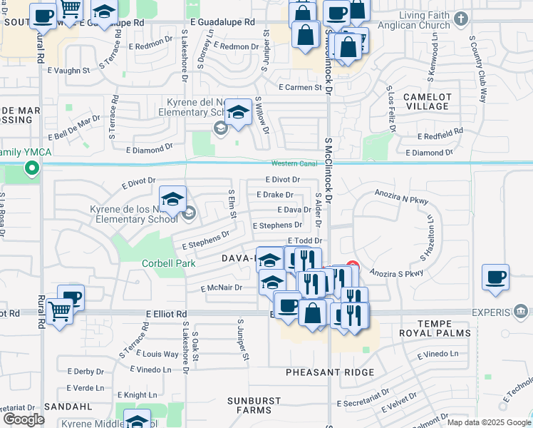 map of restaurants, bars, coffee shops, grocery stores, and more near 1529 East Dava Drive in Tempe