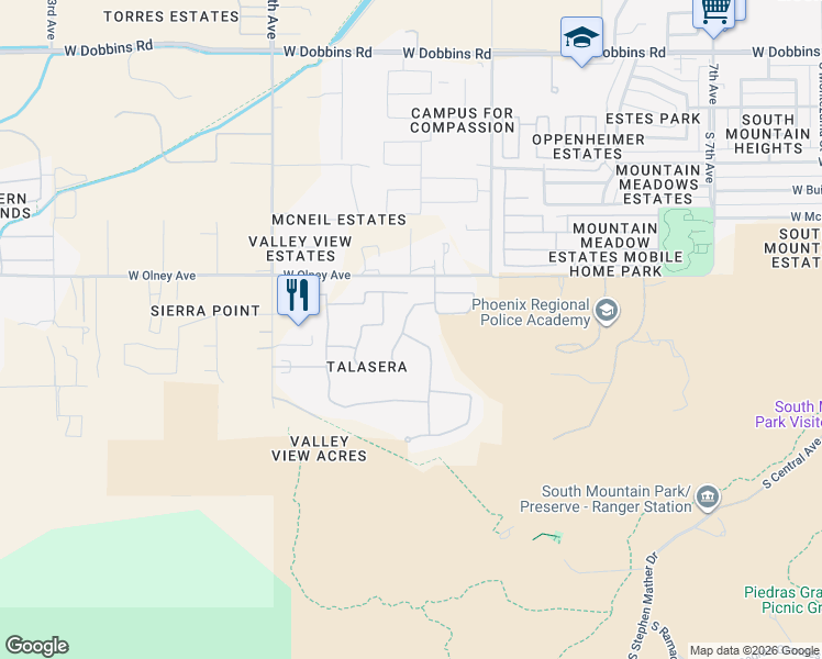 map of restaurants, bars, coffee shops, grocery stores, and more near 1614 West Lodge Drive in Phoenix