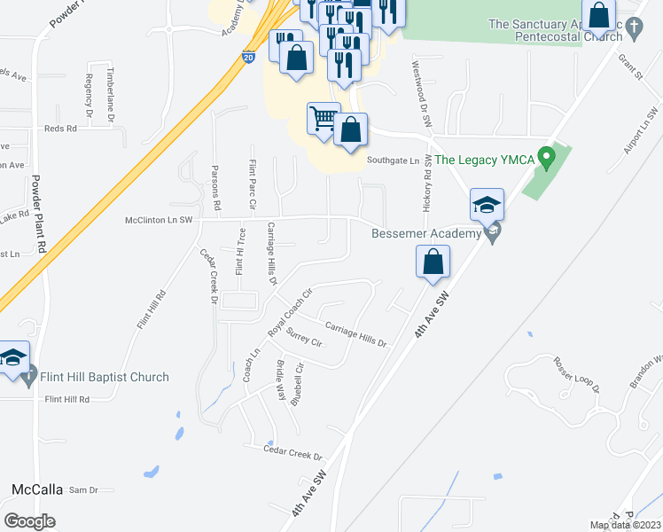map of restaurants, bars, coffee shops, grocery stores, and more near 22 Carriage House Road Southwest in Bessemer