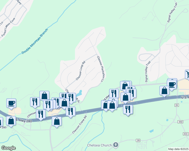 map of restaurants, bars, coffee shops, grocery stores, and more near 520 Chesser Circle in Chelsea