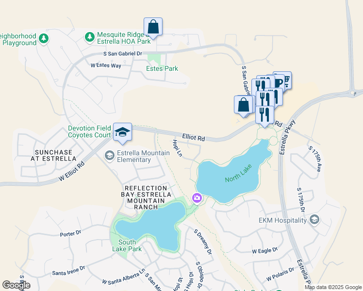 map of restaurants, bars, coffee shops, grocery stores, and more near 10162 South Hacienda Drive in Goodyear