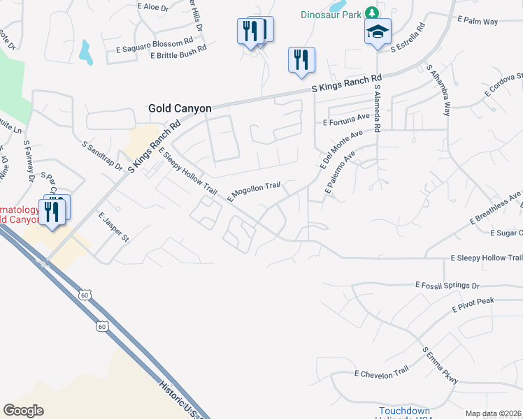 map of restaurants, bars, coffee shops, grocery stores, and more near 6680 South Sinagua Court in Gold Canyon