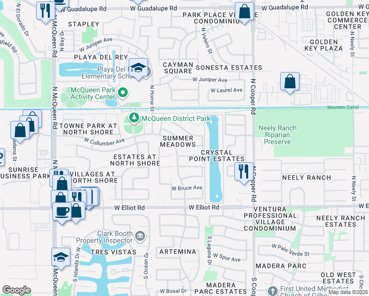 map of restaurants, bars, coffee shops, grocery stores, and more near 1071 West Page Avenue in Gilbert