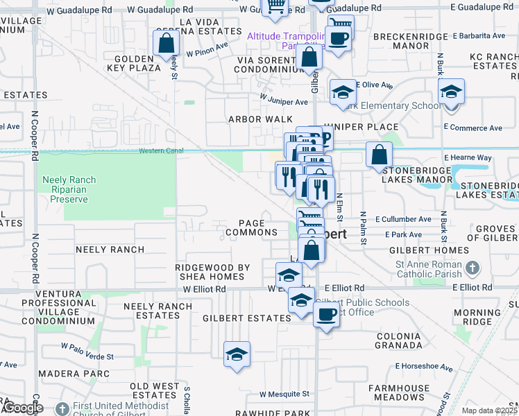 map of restaurants, bars, coffee shops, grocery stores, and more near 134 West Cullumber Avenue in Gilbert