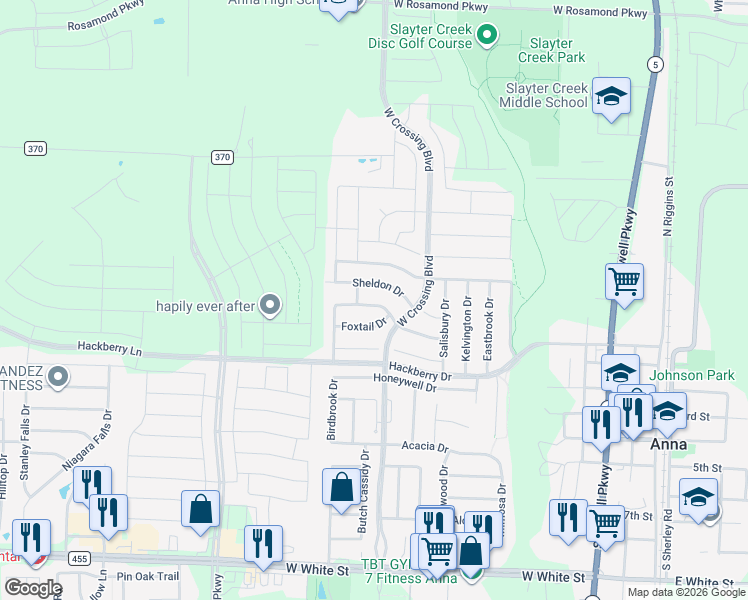 map of restaurants, bars, coffee shops, grocery stores, and more near 1114 Fulbourne Drive in Anna