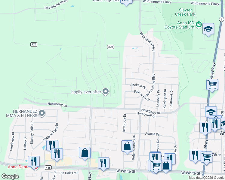 map of restaurants, bars, coffee shops, grocery stores, and more near 321 Bankhurst Drive in Anna
