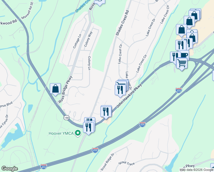 map of restaurants, bars, coffee shops, grocery stores, and more near 106 Pine Cliff Circle in Birmingham