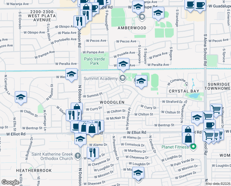 map of restaurants, bars, coffee shops, grocery stores, and more near 1602 West Straford Drive in Chandler