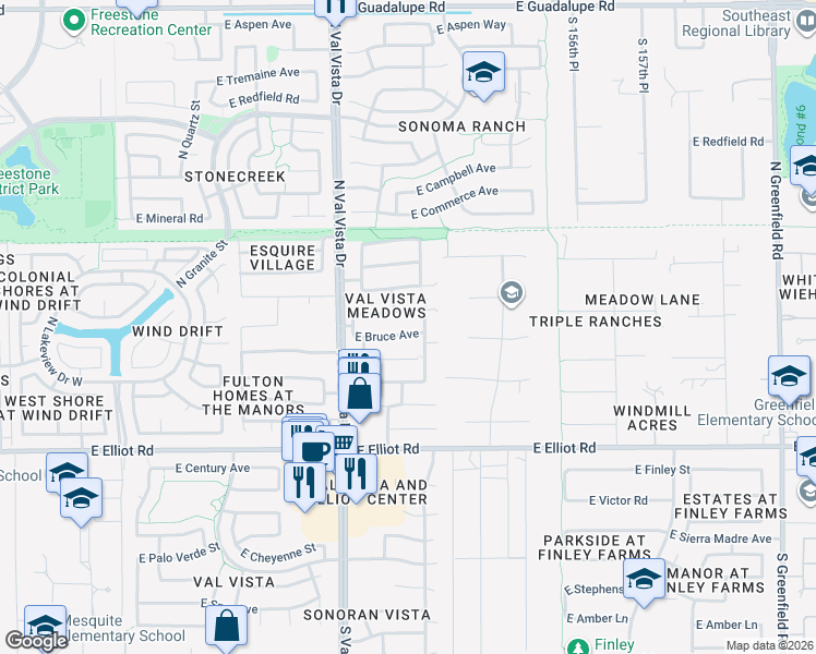 map of restaurants, bars, coffee shops, grocery stores, and more near 1732 East Bruce Avenue in Gilbert