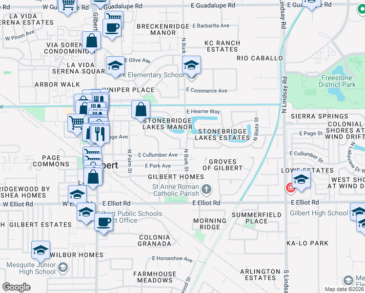 map of restaurants, bars, coffee shops, grocery stores, and more near 208 North Sierra Drive in Gilbert
