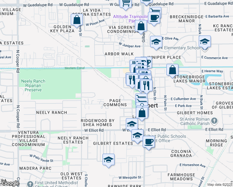 map of restaurants, bars, coffee shops, grocery stores, and more near 134 West Cullumber Avenue in Gilbert