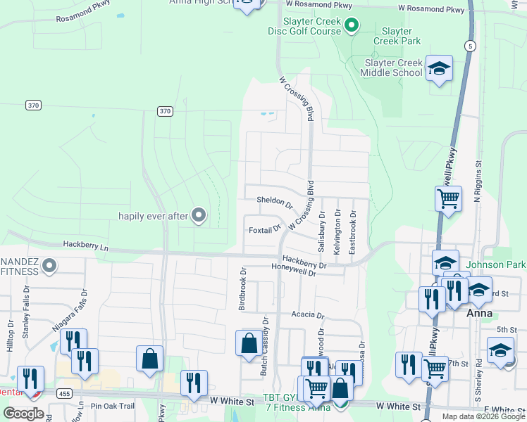 map of restaurants, bars, coffee shops, grocery stores, and more near 1114 Fulbourne Drive in Anna