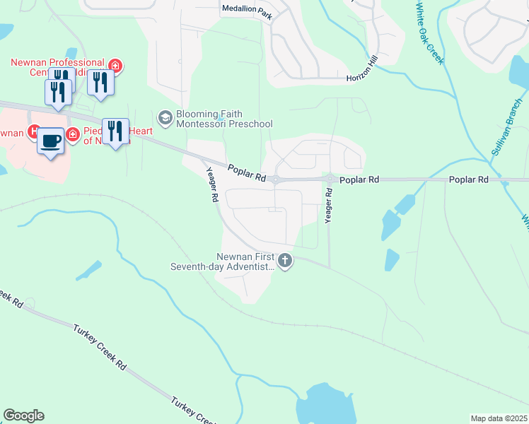 map of restaurants, bars, coffee shops, grocery stores, and more near 257 Bur Oak Bend in Newnan