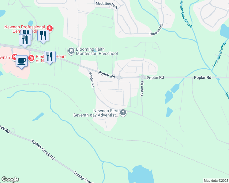 map of restaurants, bars, coffee shops, grocery stores, and more near 257 Bur Oak Bend in Newnan