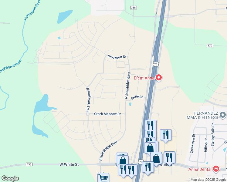 map of restaurants, bars, coffee shops, grocery stores, and more near 10401-10637 County Road 368 in Anna