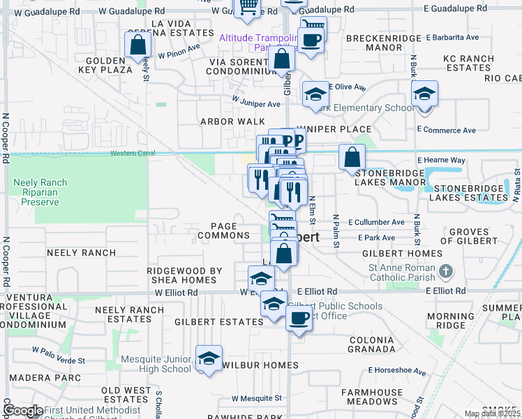 map of restaurants, bars, coffee shops, grocery stores, and more near 123 West Page Avenue in Gilbert
