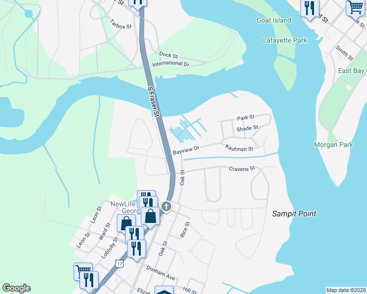 map of restaurants, bars, coffee shops, grocery stores, and more near 612 Bayview Drive in Georgetown