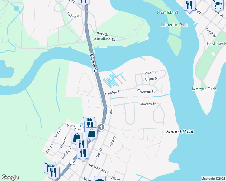 map of restaurants, bars, coffee shops, grocery stores, and more near 612 Bayview Drive in Georgetown