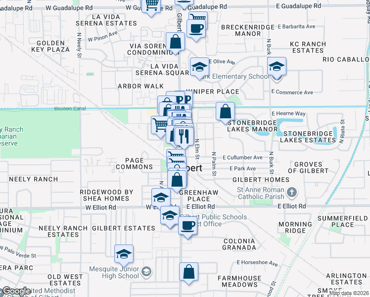 map of restaurants, bars, coffee shops, grocery stores, and more near 207 North Gilbert Road in Gilbert