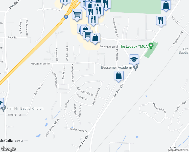 map of restaurants, bars, coffee shops, grocery stores, and more near 16 Carriage House Road Southwest in Bessemer
