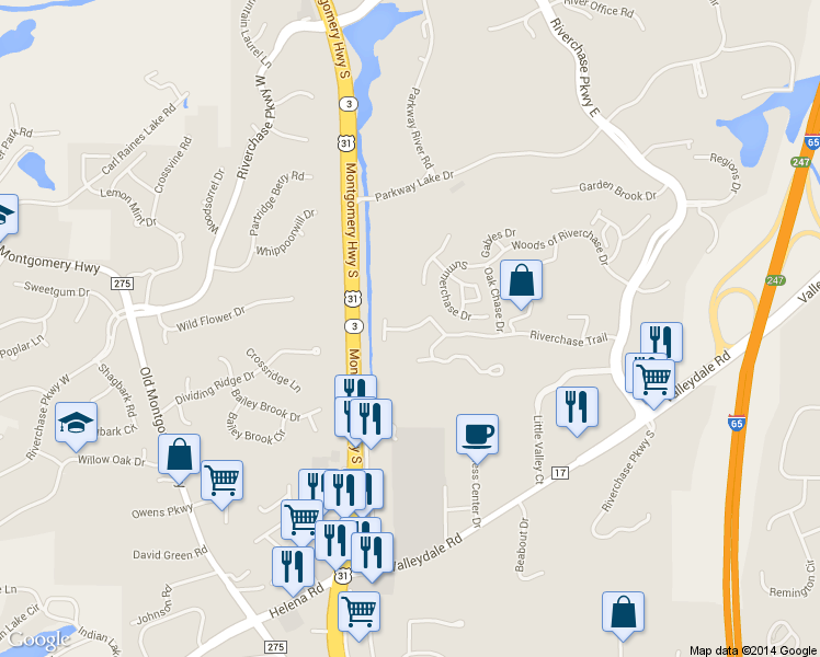 map of restaurants, bars, coffee shops, grocery stores, and more near 1300 Riverchase Trail in Hoover