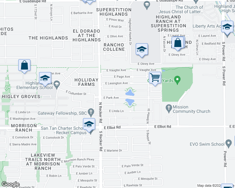 map of restaurants, bars, coffee shops, grocery stores, and more near 4102 East Park Avenue in Gilbert