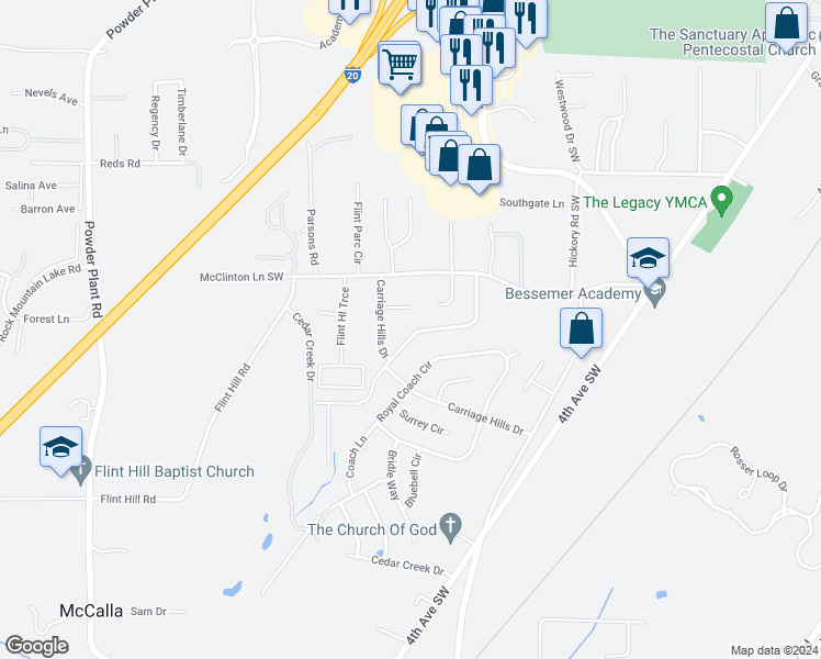 map of restaurants, bars, coffee shops, grocery stores, and more near 27 Carriage House Road Southwest in Bessemer