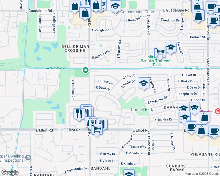 map of restaurants, bars, coffee shops, grocery stores, and more near 990 East Dava Drive in Tempe