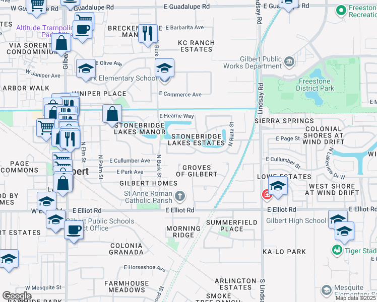 map of restaurants, bars, coffee shops, grocery stores, and more near 431 East Page Avenue in Gilbert