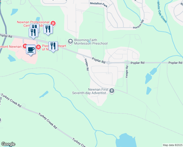 map of restaurants, bars, coffee shops, grocery stores, and more near 153 Yeager Road in Newnan