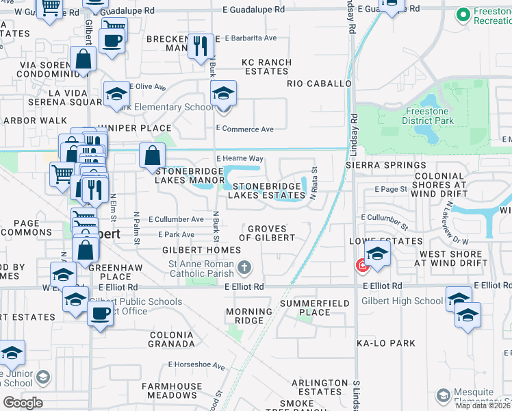 map of restaurants, bars, coffee shops, grocery stores, and more near 431 East Page Avenue in Gilbert