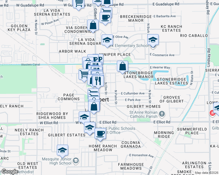 map of restaurants, bars, coffee shops, grocery stores, and more near 170 East Cullumber Avenue in Gilbert