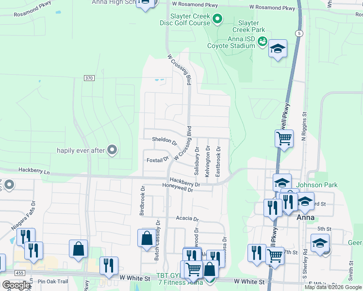 map of restaurants, bars, coffee shops, grocery stores, and more near 1004 Sheldon Drive in Anna