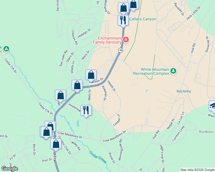 map of restaurants, bars, coffee shops, grocery stores, and more near 136 Kirkman Drive in Ruidoso