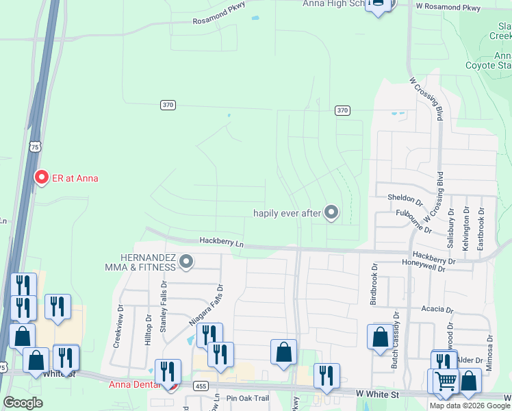 map of restaurants, bars, coffee shops, grocery stores, and more near 1700 Ambergate Drive in Anna
