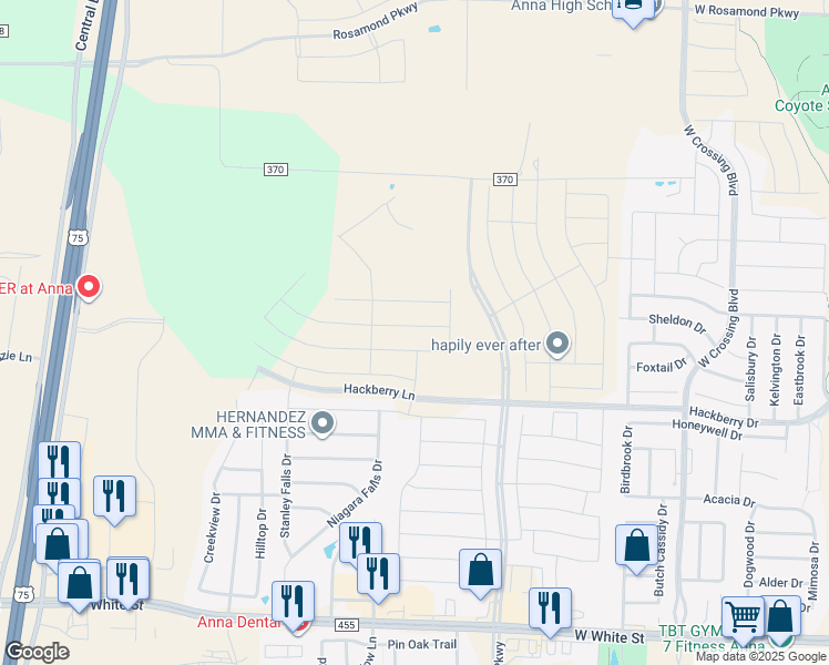 map of restaurants, bars, coffee shops, grocery stores, and more near 1988 Helmoken Falls Drive in Anna