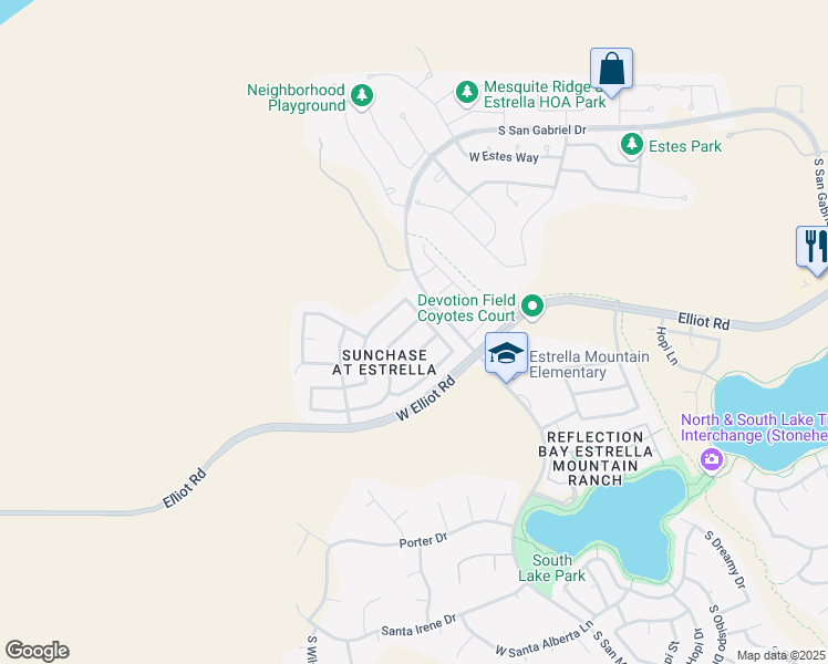 map of restaurants, bars, coffee shops, grocery stores, and more near 18451 West Sunrise Drive in Goodyear