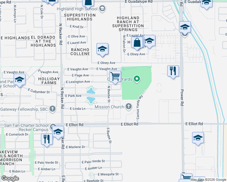 map of restaurants, bars, coffee shops, grocery stores, and more near 4324 East Park Avenue in Gilbert