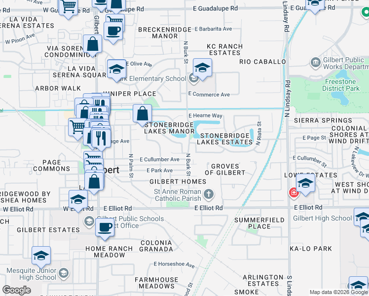 map of restaurants, bars, coffee shops, grocery stores, and more near 208 North Sierra Drive in Gilbert