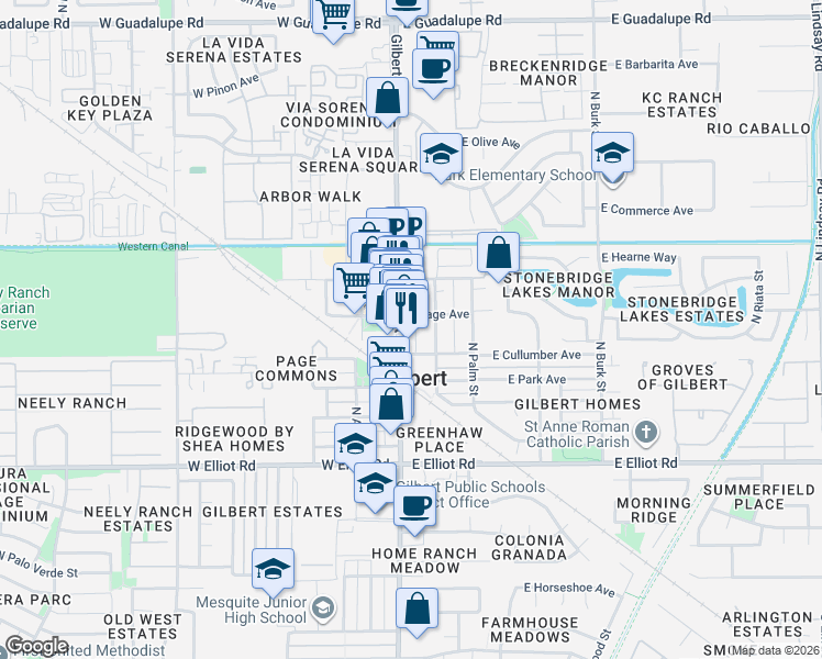 map of restaurants, bars, coffee shops, grocery stores, and more near 207 North Gilbert Road in Gilbert