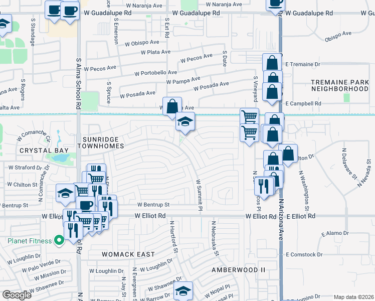 map of restaurants, bars, coffee shops, grocery stores, and more near 603 West Straford Drive in Chandler