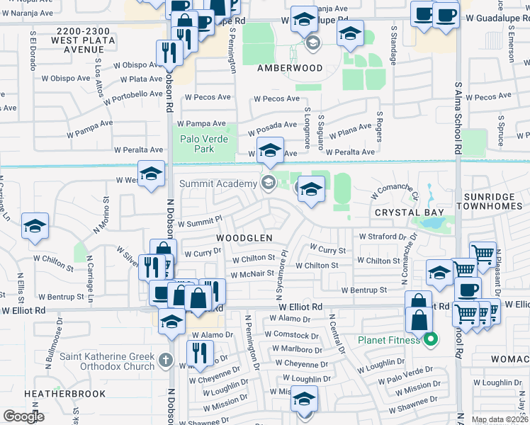 map of restaurants, bars, coffee shops, grocery stores, and more near 1602 West Straford Drive in Chandler