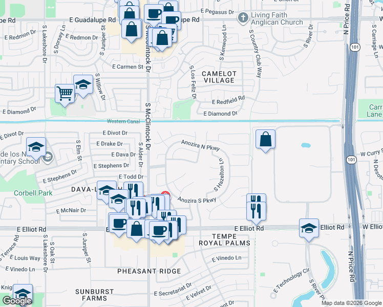 map of restaurants, bars, coffee shops, grocery stores, and more near 1890 East Stephens Drive in Tempe