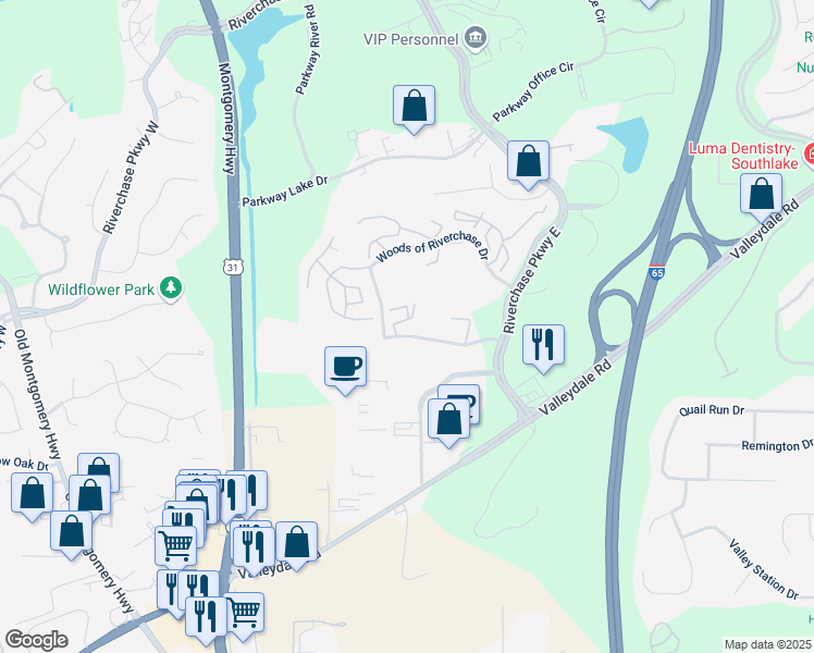map of restaurants, bars, coffee shops, grocery stores, and more near 214 Sterling Oaks Drive in Hoover