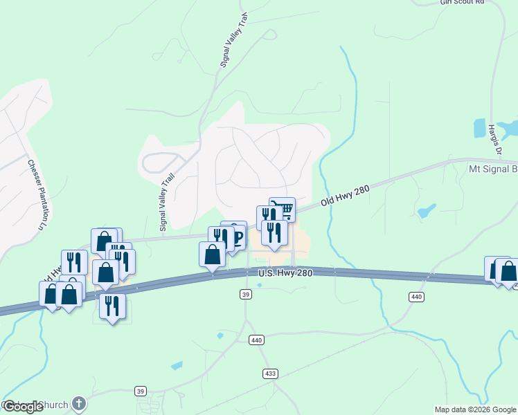 map of restaurants, bars, coffee shops, grocery stores, and more near 8750 Chesser Lane in Chelsea